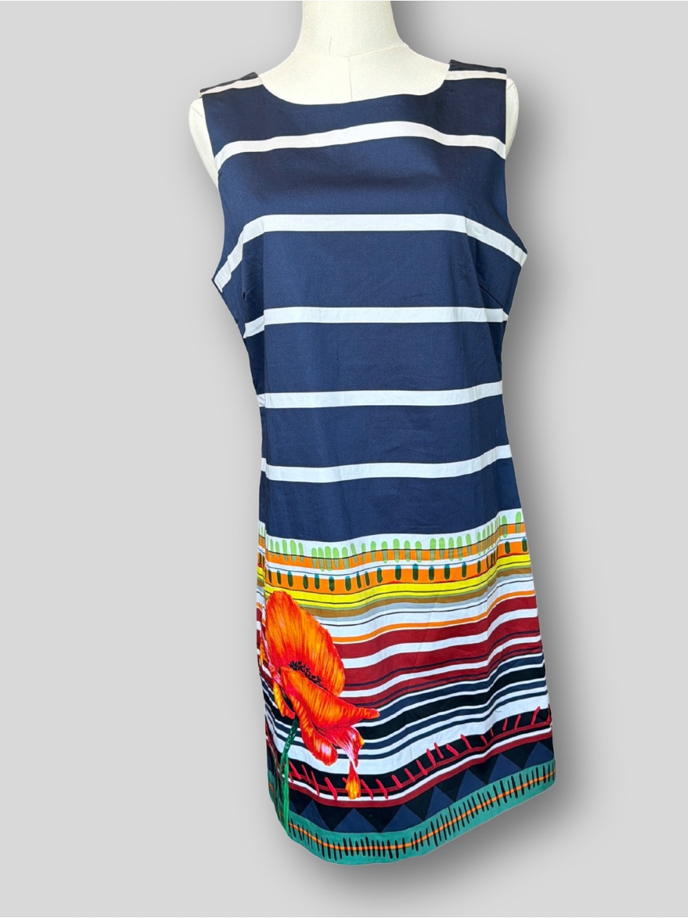 NWT Desigual Ari Shift Dress Striped Floral Poppy Navy Blue White Size 42 - Picture 3 of 8